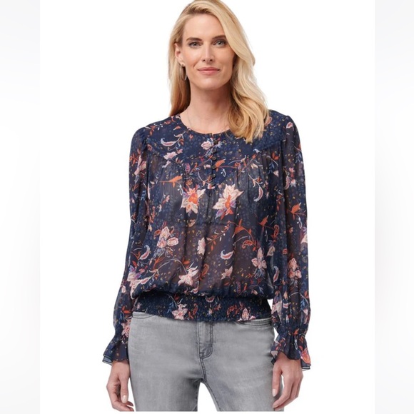 Democracy | Flowy Semi-Sheer Long Blouson Sleeve Blouse with Smocked Hem M… - Picture 2 of 10